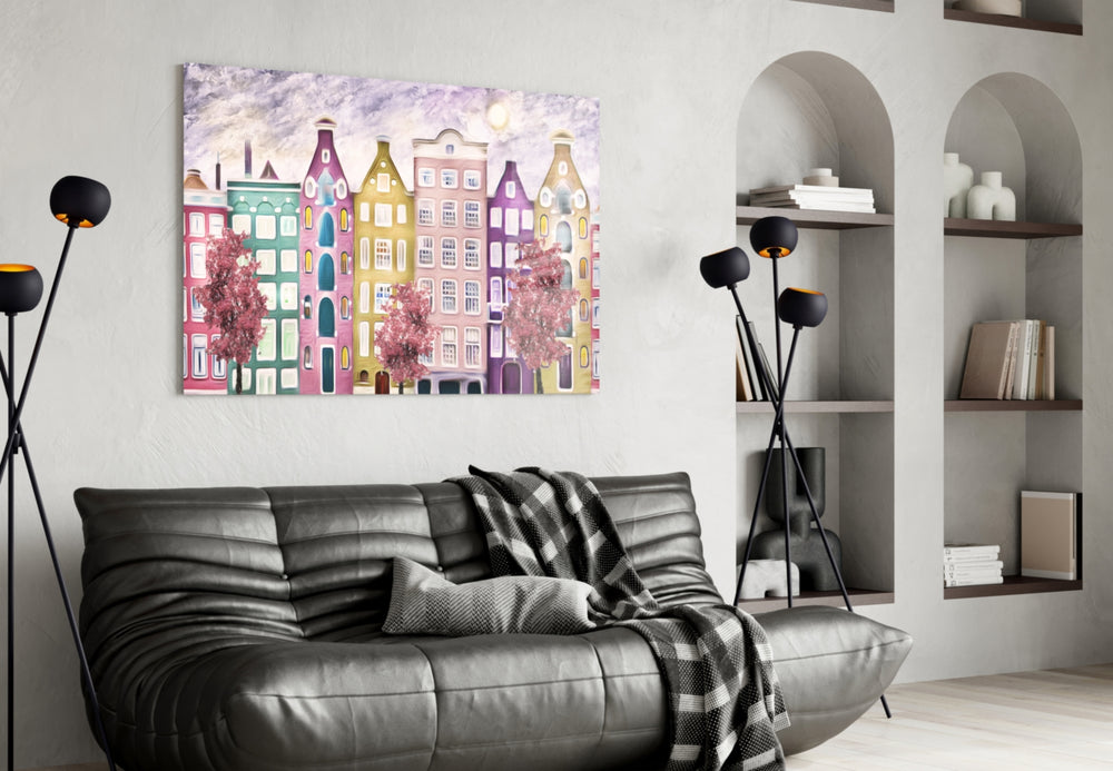 Fairy Tale City glass wall art styled above a bed in a storybook child's room