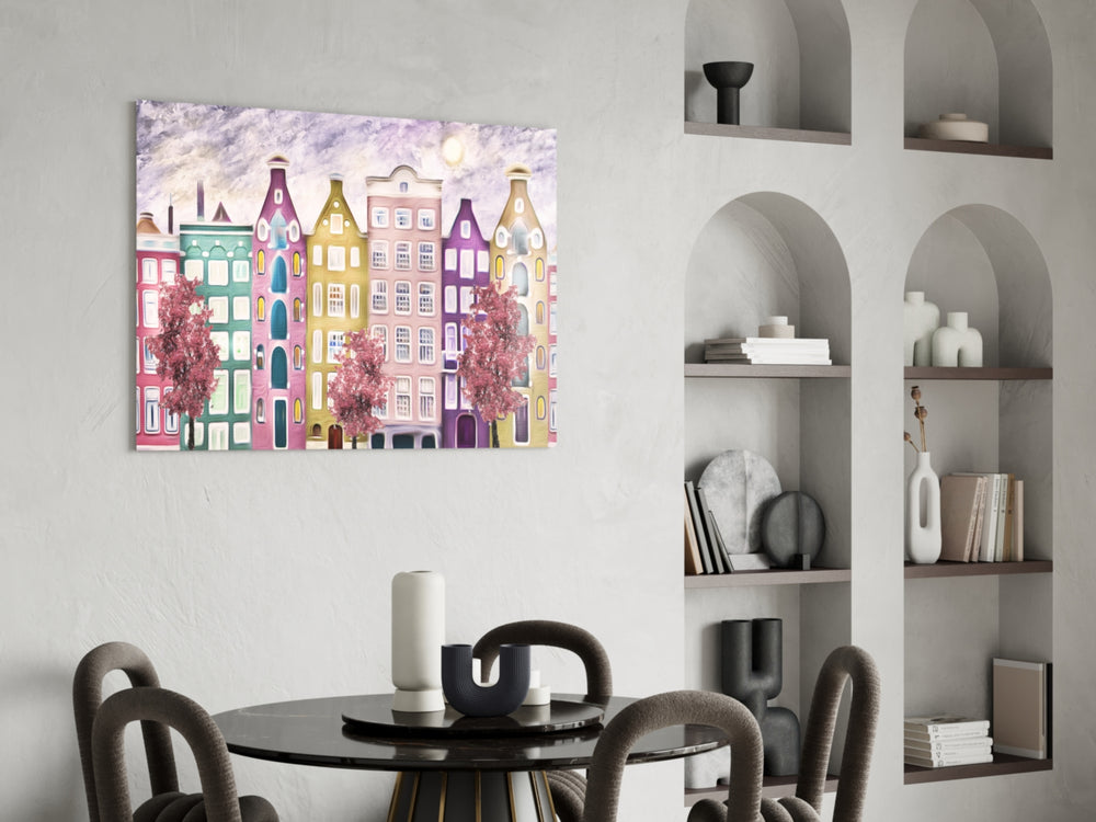 Fairy Tale City panel adding romantic mood to a powder room