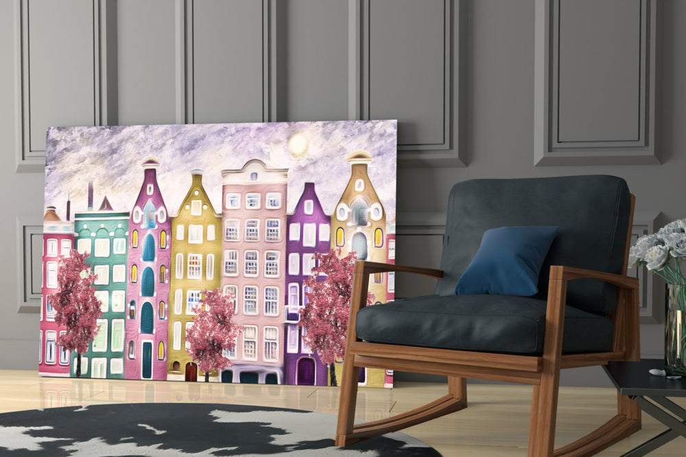 Fairy Tale City glass print enhancing a kitchen with cheerful focal point