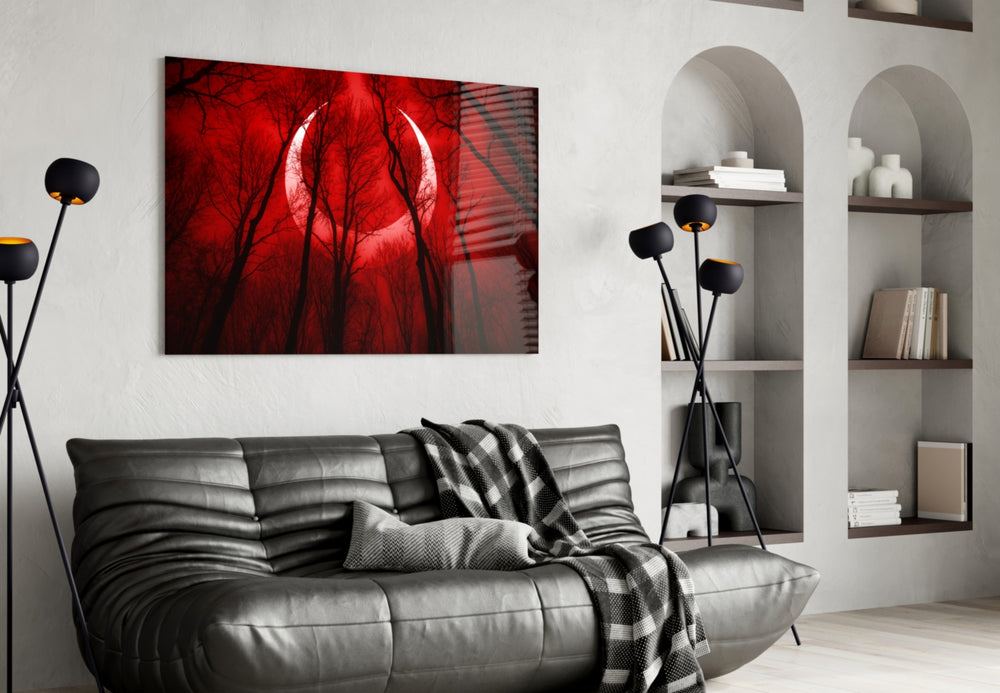 Red Sky glass wall art styled above a console in a horror-mood man-cave
