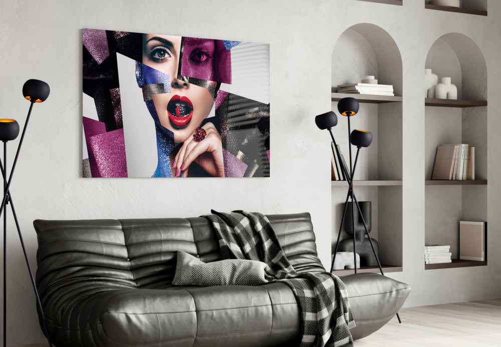 Women's glass wall art styled above a vanity in a powder room