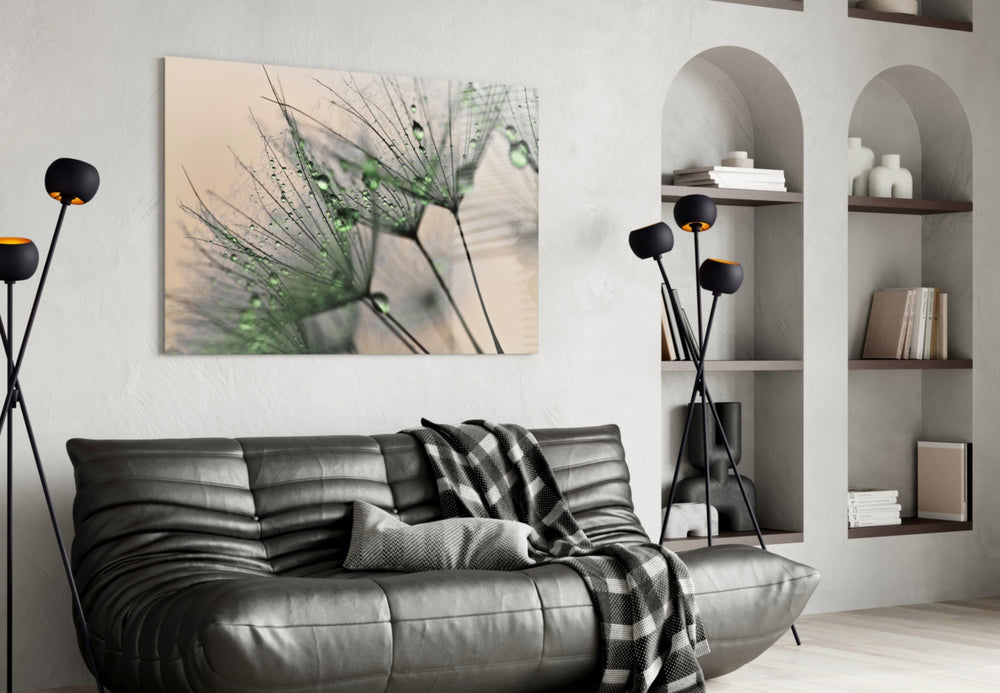 Green Dandelion glass wall art styled in a sunroom with botanical pulse