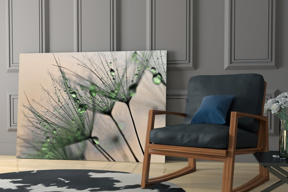 Green Dandelion glass print enhancing a powder room with floral charm