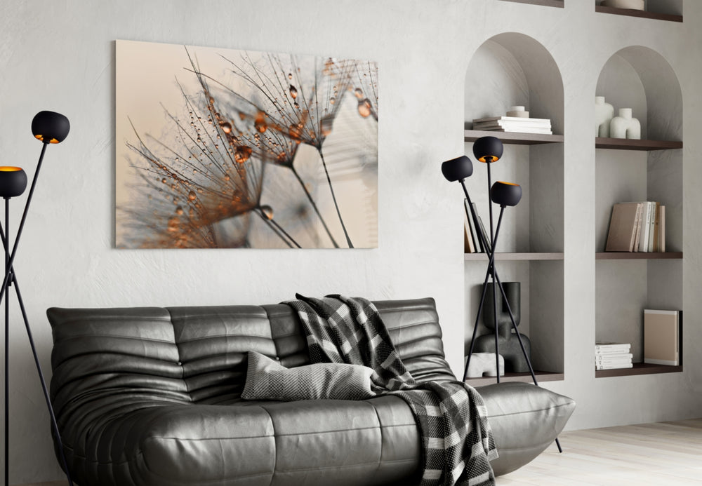 Cinnamon Dandelion glass wall art styled in a sunroom with botanical pulse