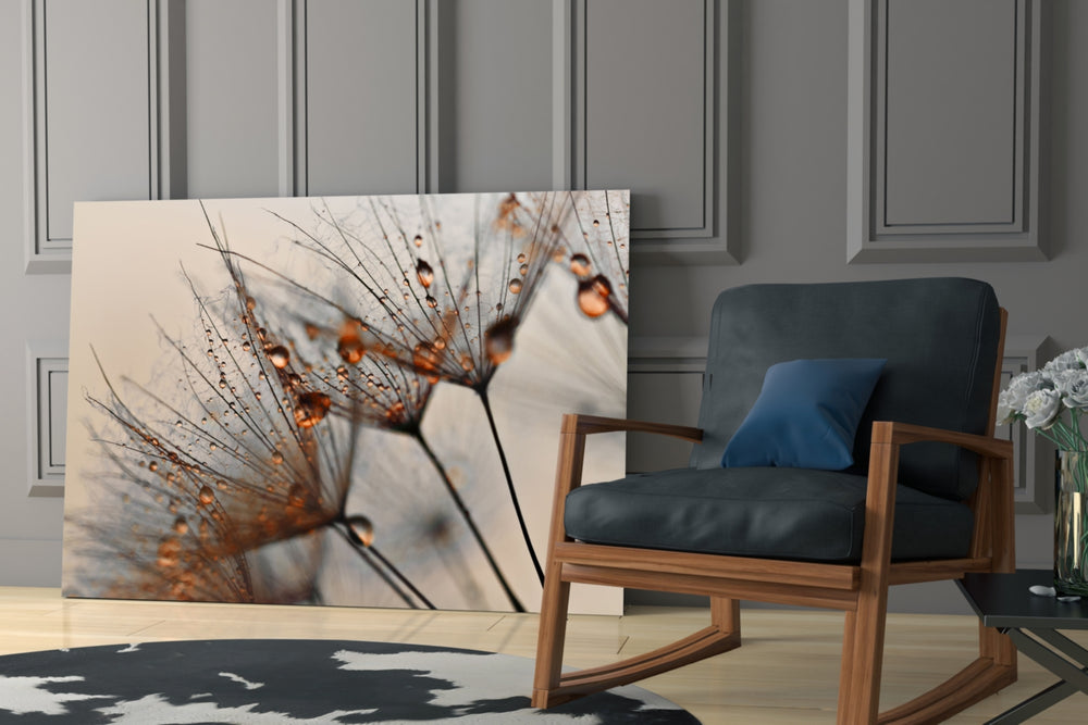 Cinnamon Dandelion glass print enhancing a powder room with floral charm