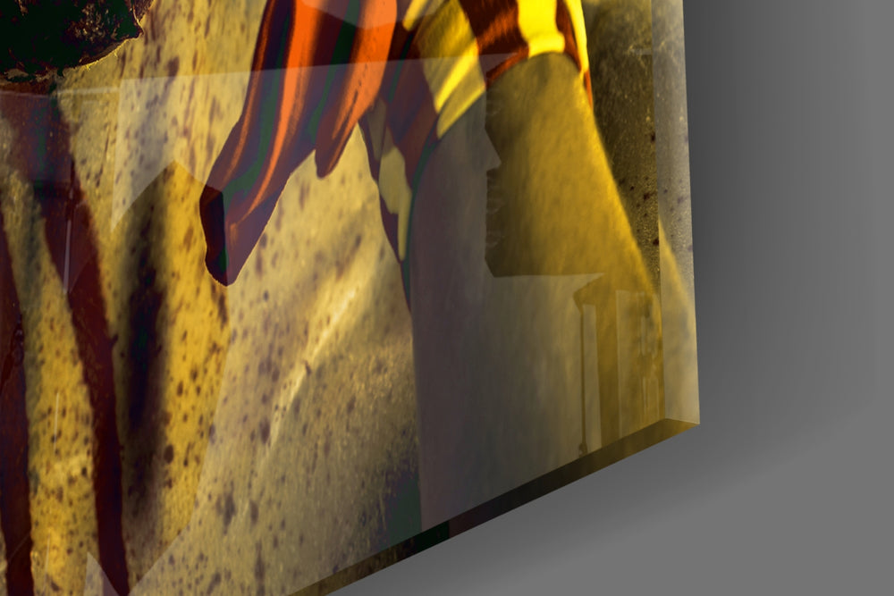 Clown artwork anchoring a wall with bold edgy palette