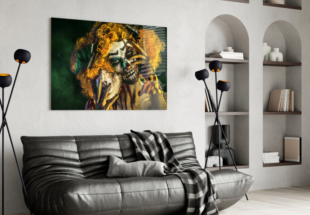 Clown glass wall art styled above a console in a horror-fan man-cave