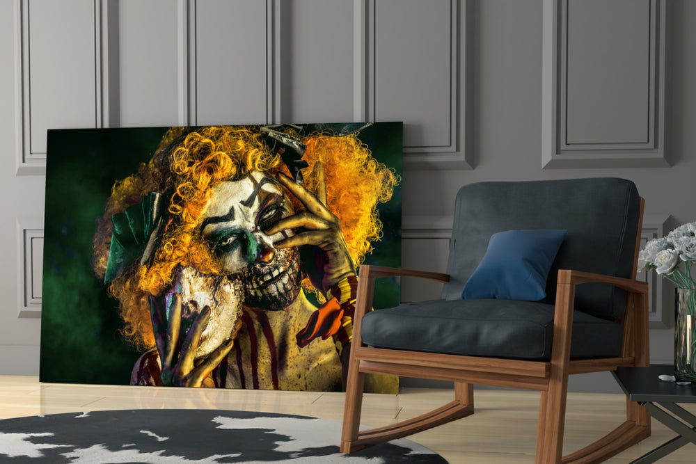 Clown glass print enhancing a media room with cinematic pulse