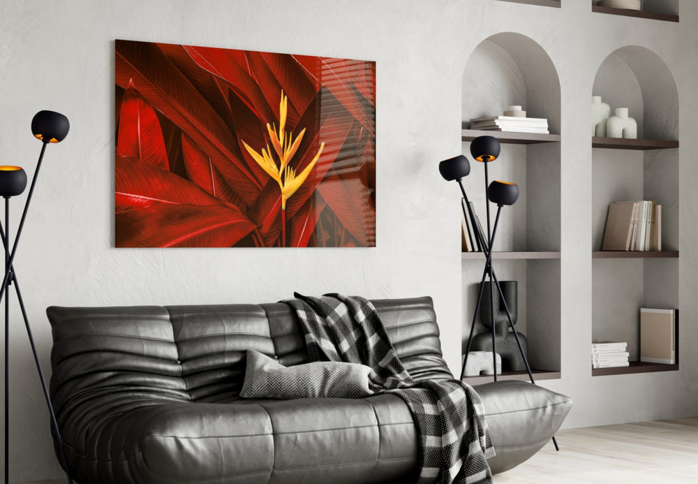 Red Leaves glass wall art styled in a sunroom with biophilic pulse