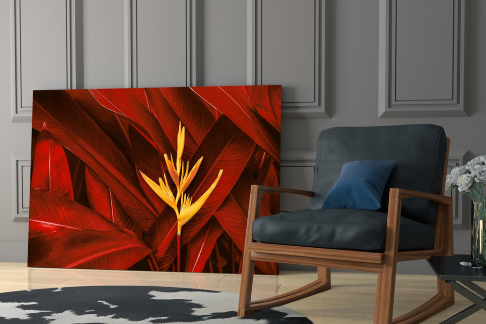 Red Leaves glass print enhancing a dining room with exotic mood