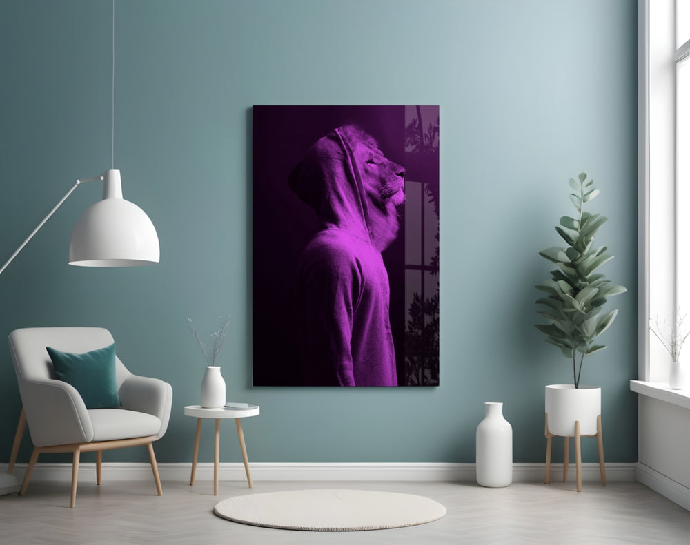 Purple Lion Head glass wall art styled above a desk in an introspective study