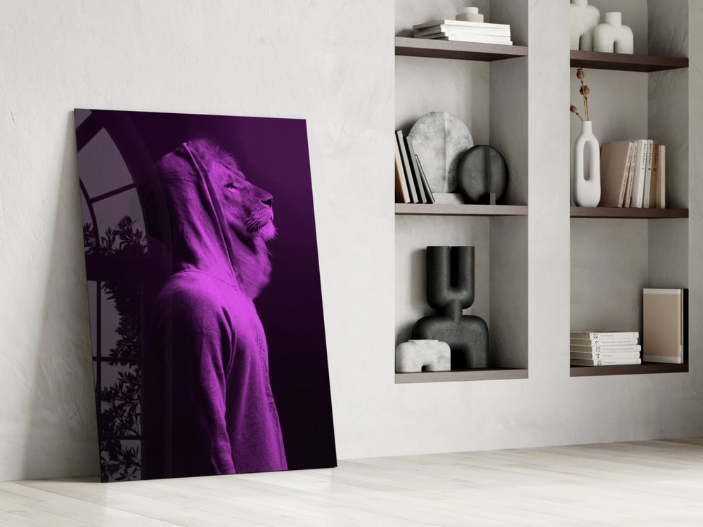 Purple Lion Head glass print enhancing a man-cave with surreal flair