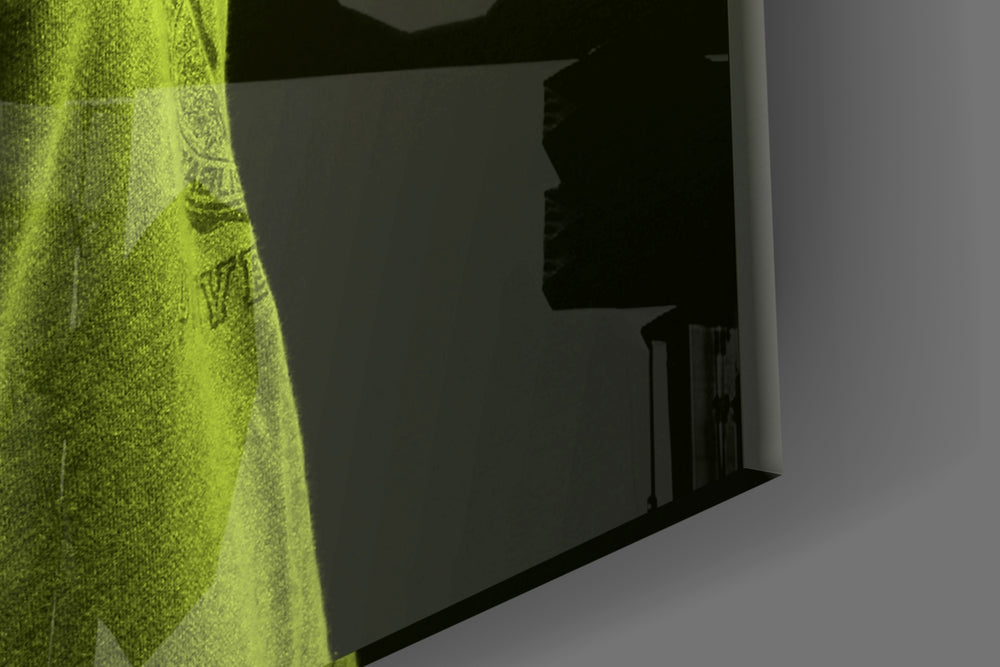 Green Lion Head artwork anchoring a wall with moody conceptual palette