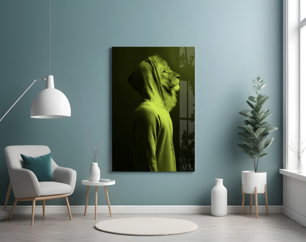 Green Lion Head glass wall art styled above a desk in an introspective study