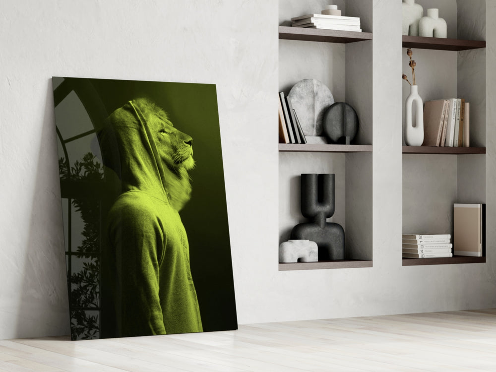 Green Lion Head glass print enhancing a man-cave with surreal flair