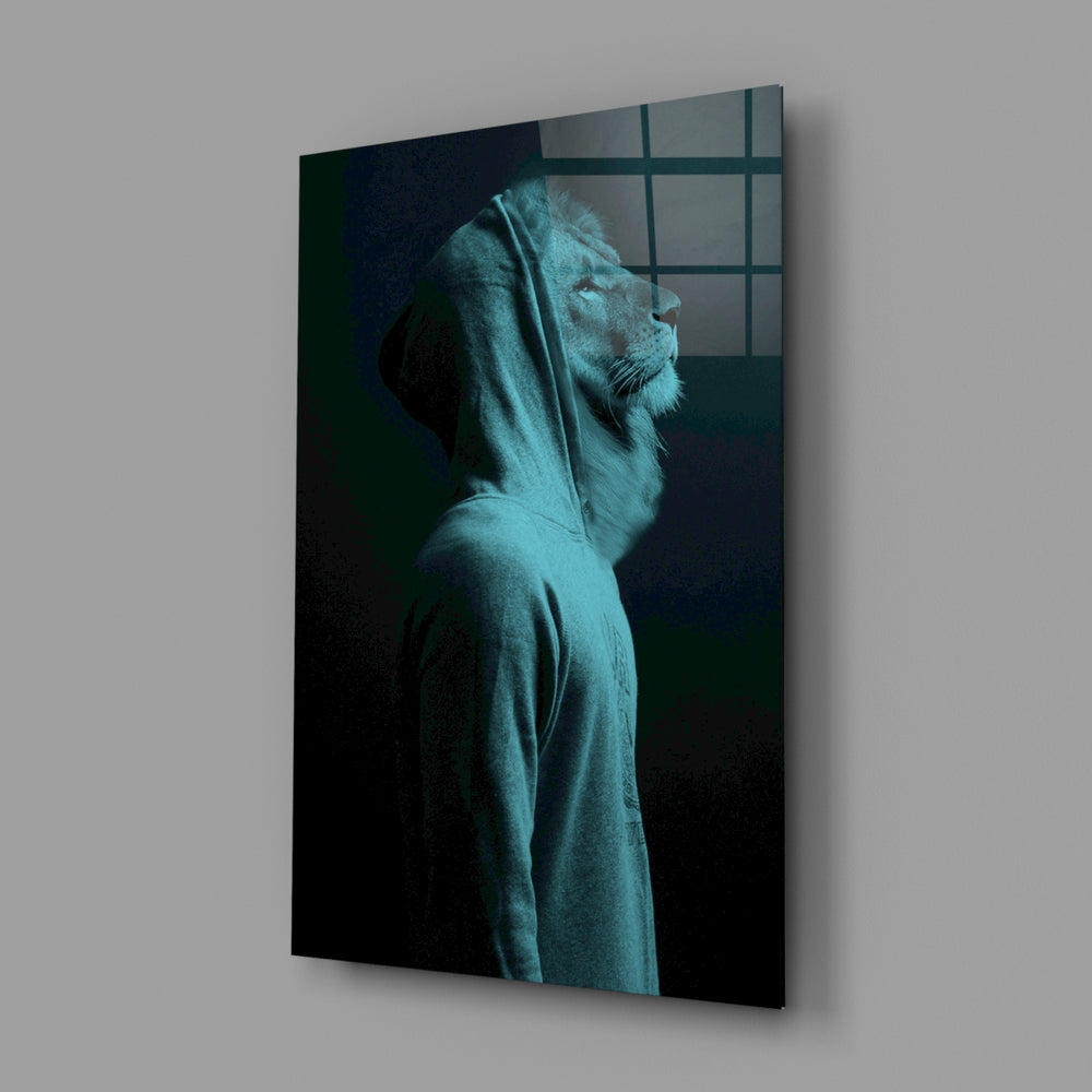 Teal-lion panel bringing surreal contemplation to a contemporary living space