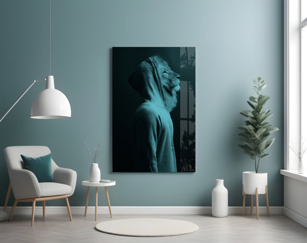 Blue Lion Head glass wall art styled above a desk in an introspective study