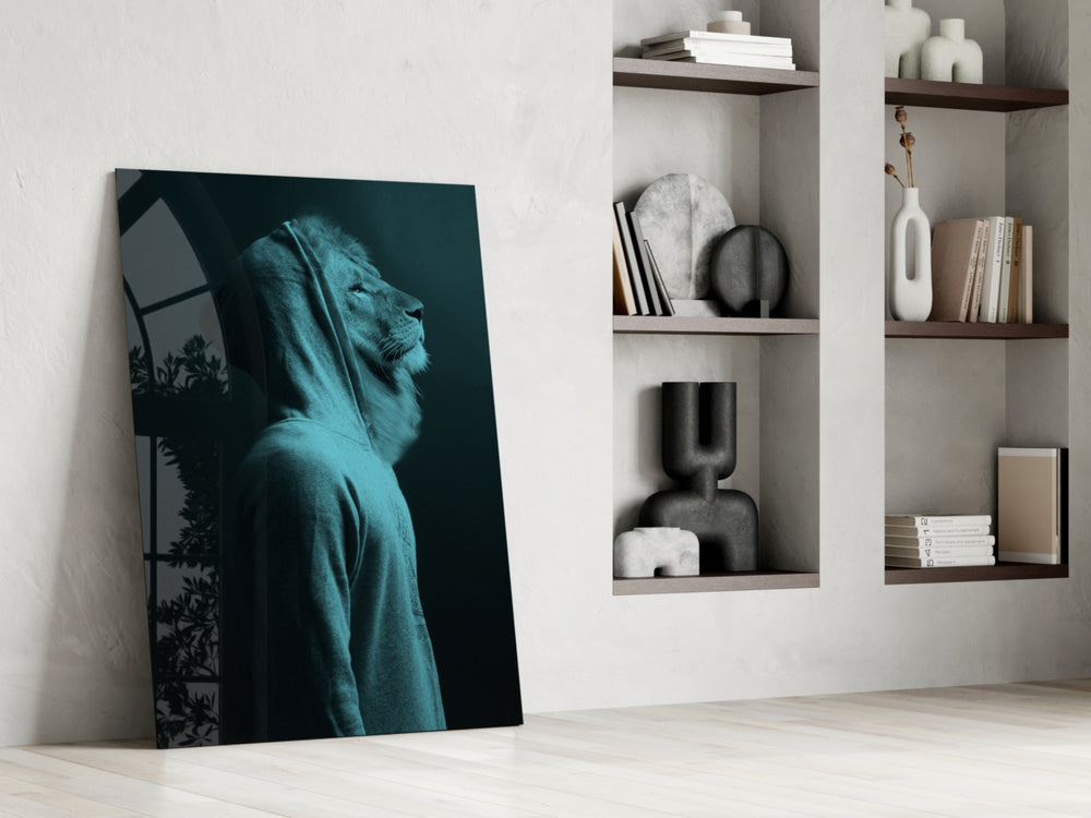 Blue Lion Head glass print enhancing a man-cave with surreal flair
