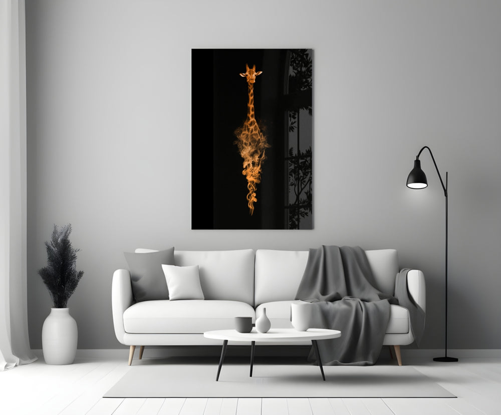 Close-up detail of giraffe head with body dissolving into amber smoke