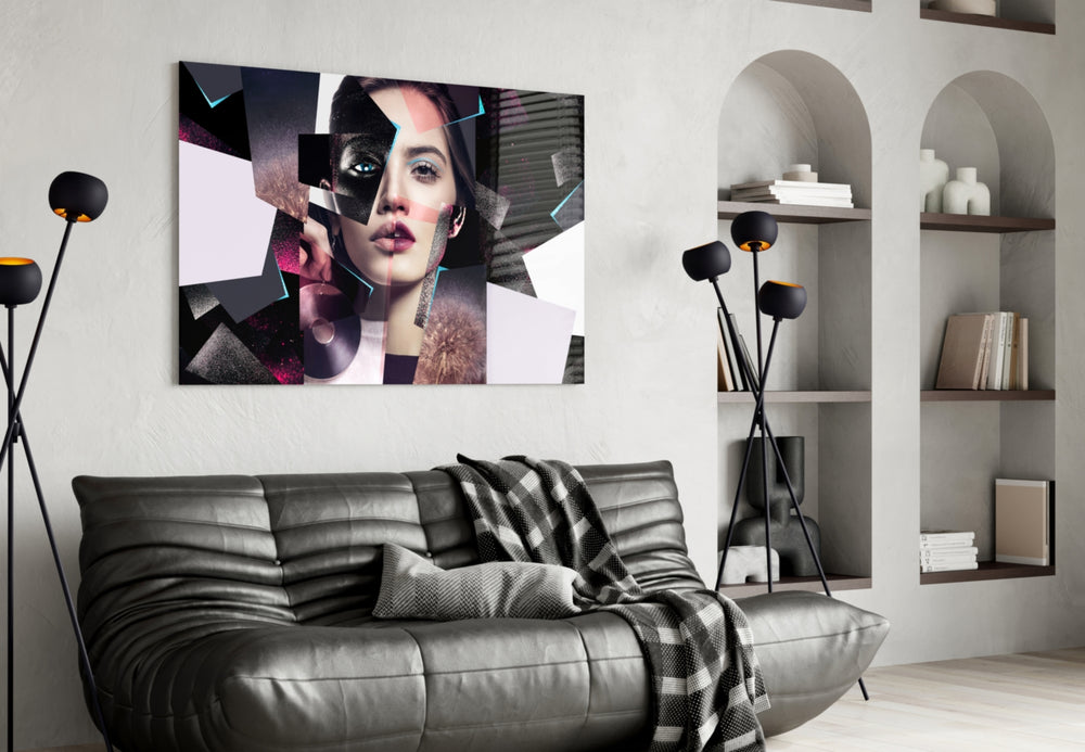 Effect Woman glass wall art styled above a vanity in a powder room