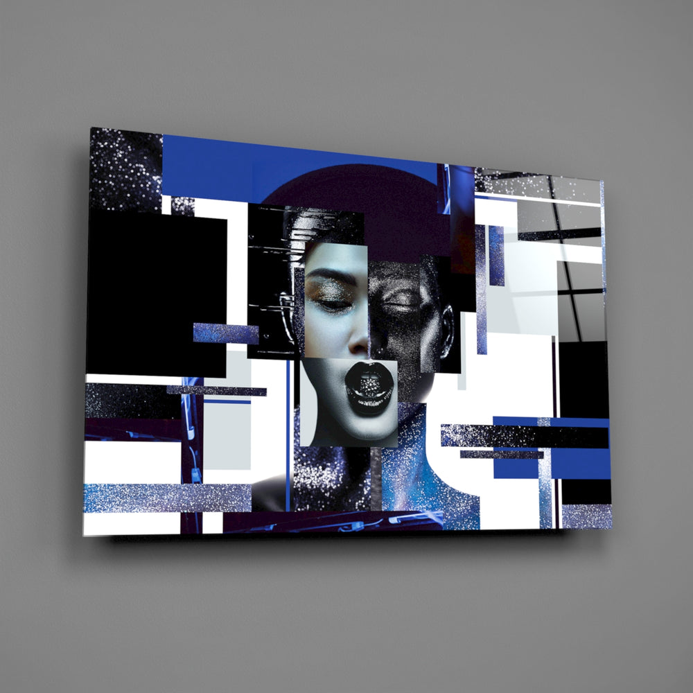 Cobalt-collage panel bringing editorial drama to a contemporary living space