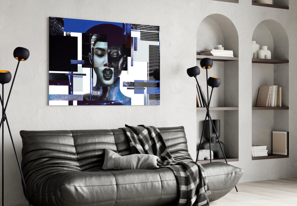Effect Woman glass wall art styled above a vanity in a powder room
