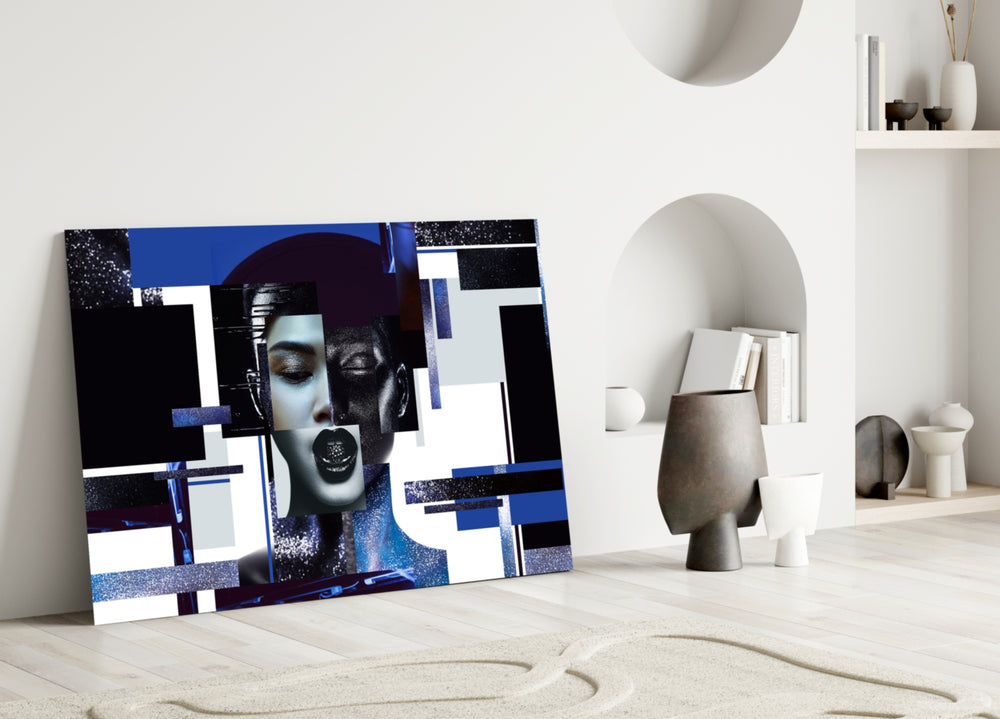 Close-up detail of dark lips among cobalt-and-silver cubist patches