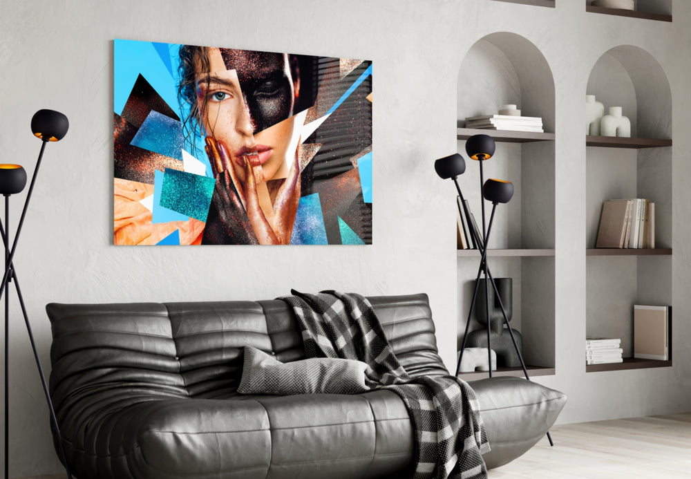 Effect Woman glass wall art styled above a vanity in a powder room