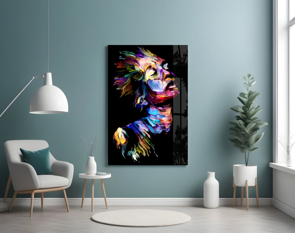 Effect Woman glass wall art styled above a vanity in a powder room