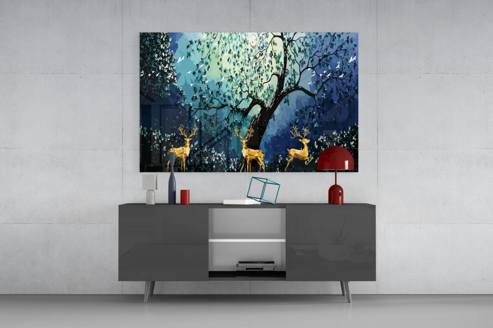 Golden Deers panel catching low light to reveal its geometric clarity