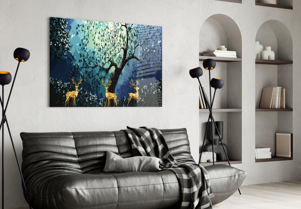 Golden Deers glass wall art styled above a bed in a fairy-tale child's room