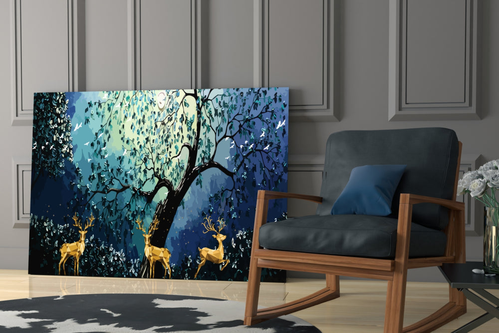 Golden Deers glass print enhancing a bedroom with serene wonder