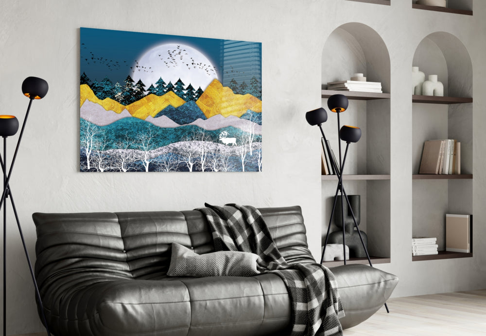 Illustration Landscape glass wall art styled above a bed in a fairy-tale child's room