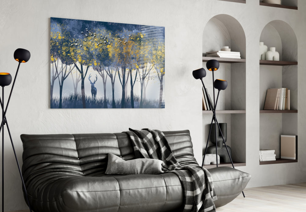 Lonely Deer glass wall art styled above a bed in a fairy-tale child's room