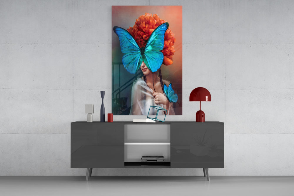 Butterfly Woman panel catching gallery light to reveal its painterly haze