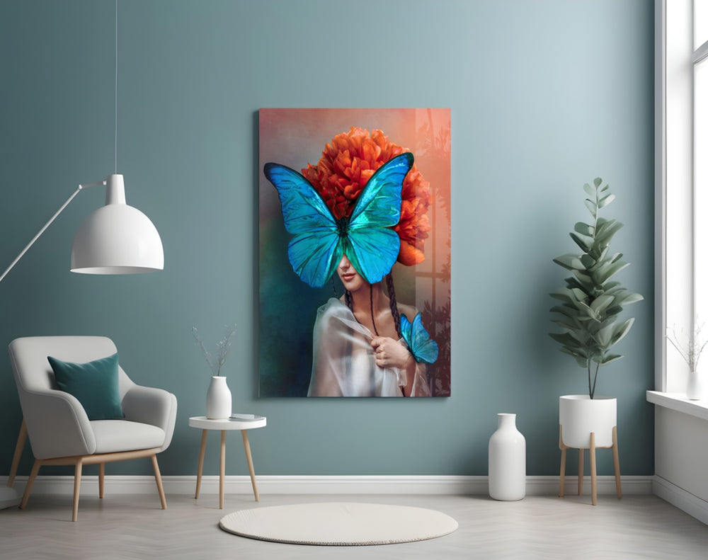 Butterfly Woman glass wall art styled above a vanity in a powder room