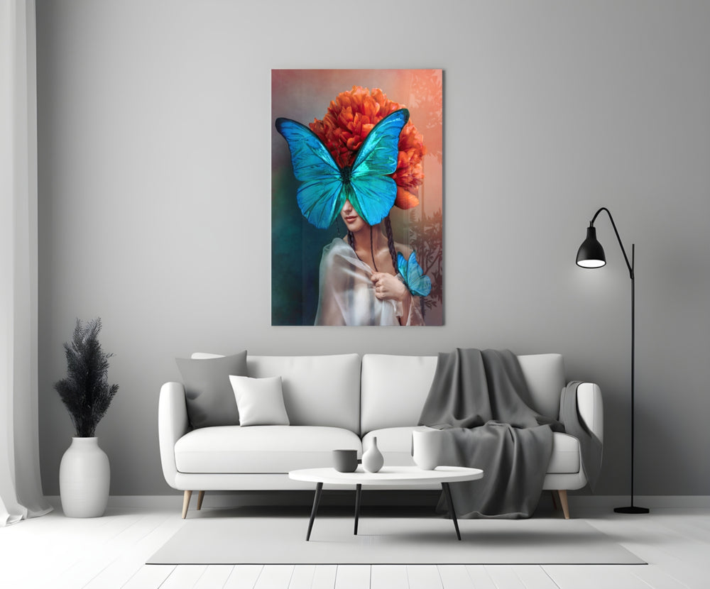 Close-up detail of cobalt morpho wings veiling the eyes