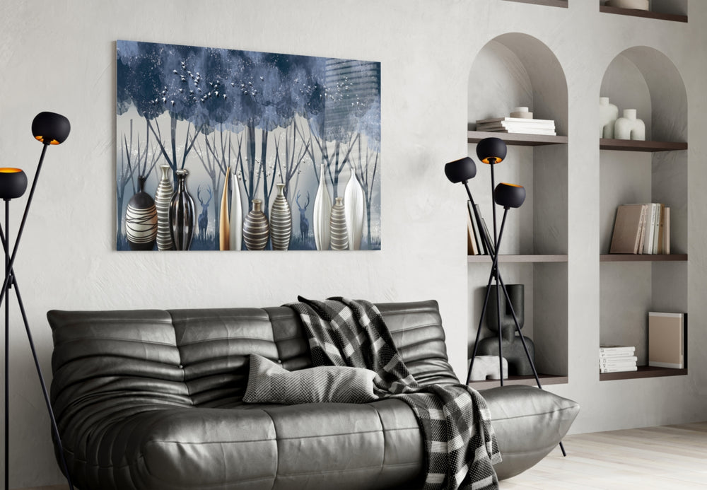 Vases and Trees glass wall art styled above a sideboard in a dining room