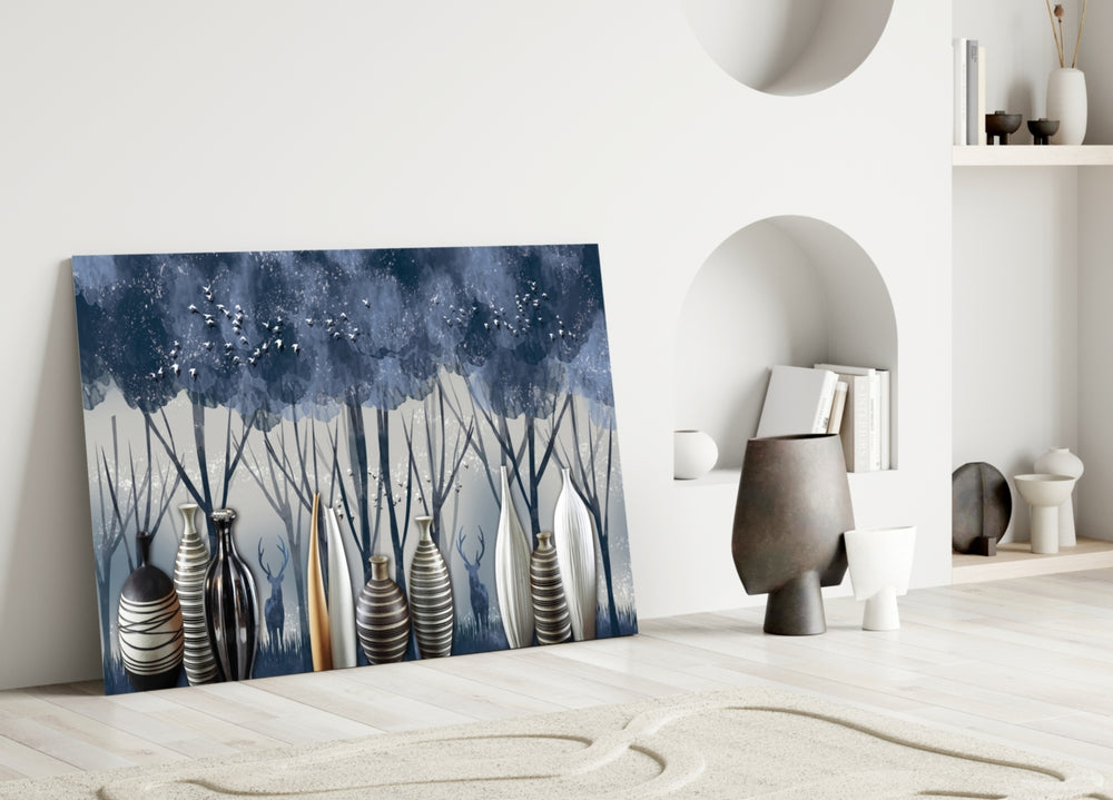 Close-up detail of cream-and-bronze striped vases against navy birch