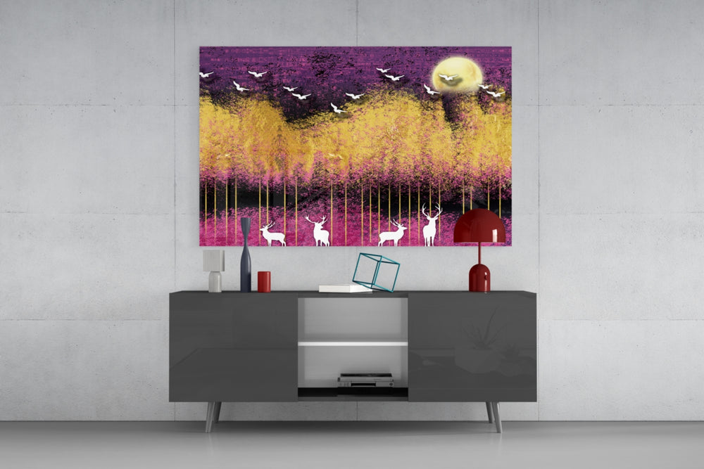 Birds and Deers panel catching gallery light to reveal its graphic clarity