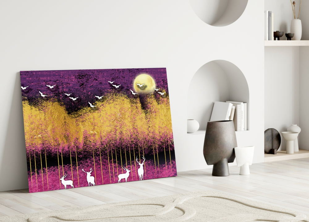Close-up detail of white deer silhouettes among magenta-and-gold canopy