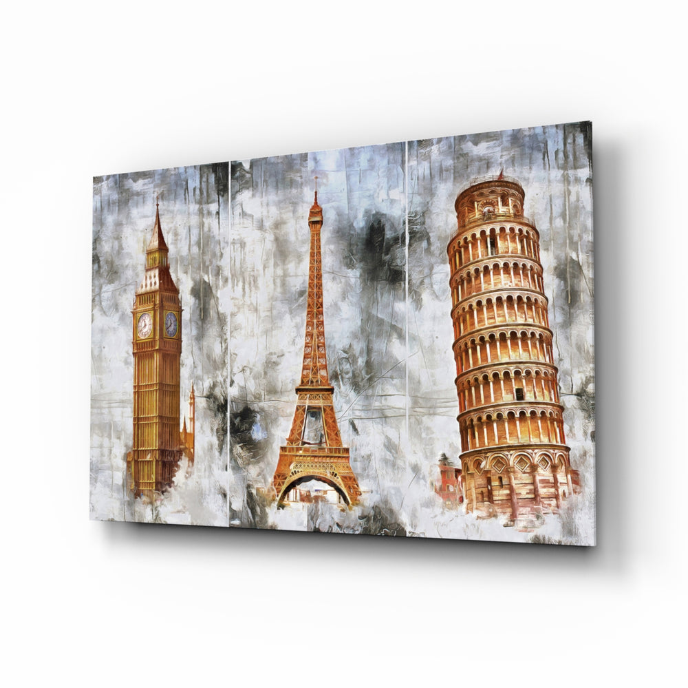 Famous Towers glass wall art displayed above a console in a designer interior