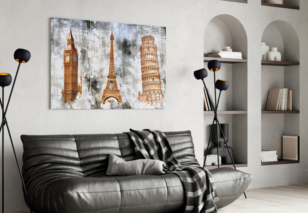 Famous Towers glass wall art styled above a desk in a traveler's-nostalgia study