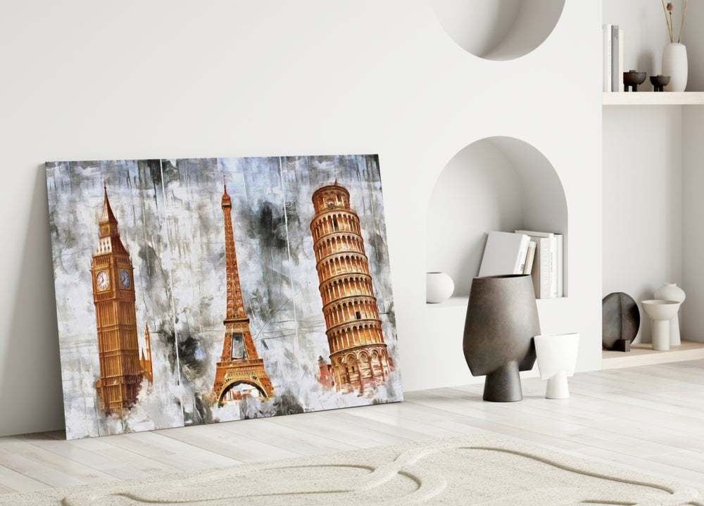 Close-up detail of Big Ben, Eiffel Tower, and Pisa Tower in grunge wash