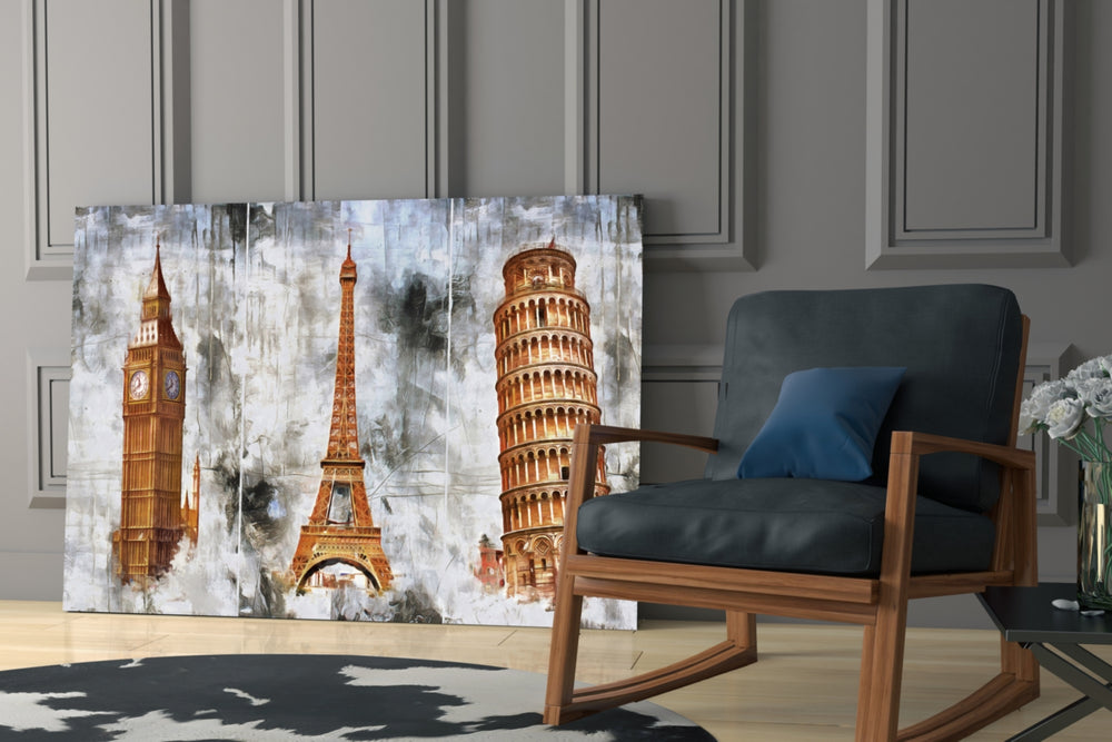 Famous Towers glass print enhancing a hallway with cultural mood