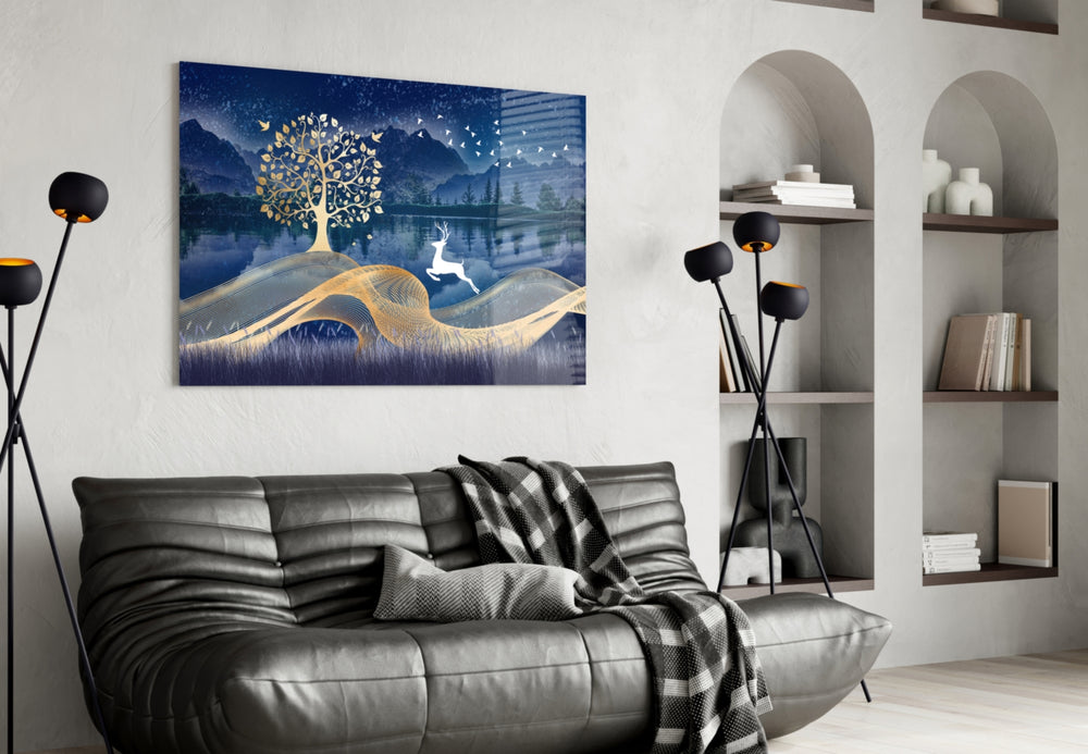 Magic Deer glass wall art styled above a bed in a fairy-tale child's room