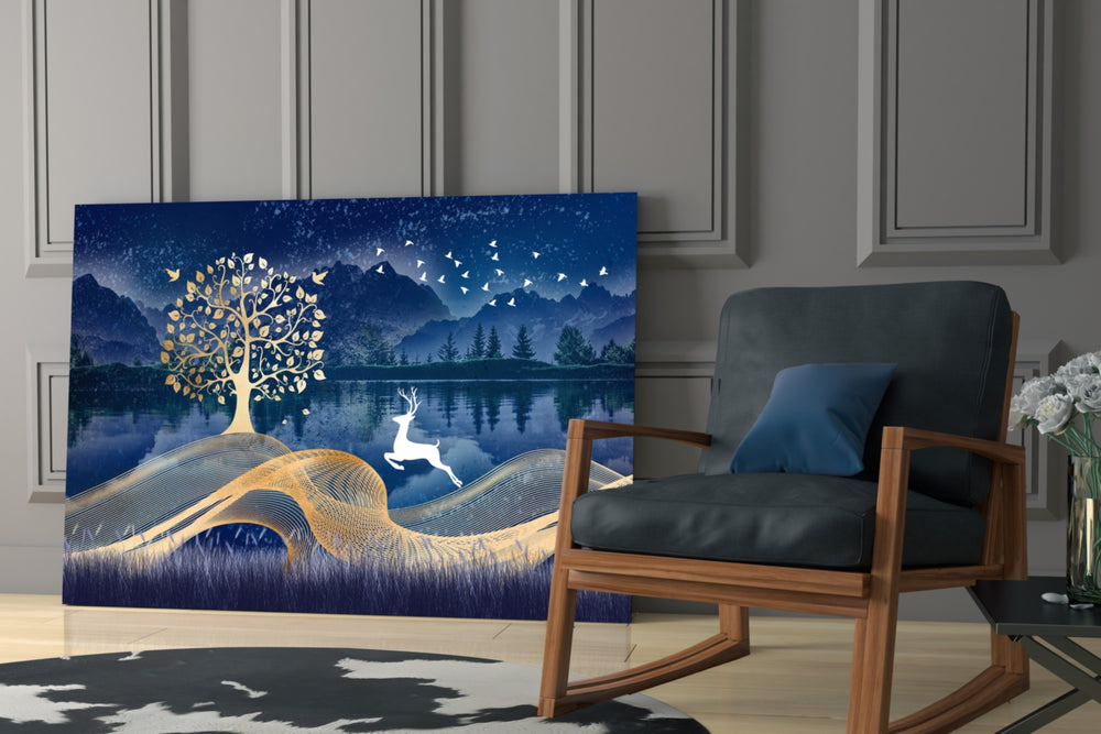 Magic Deer glass print enhancing a bedroom with serene wonder