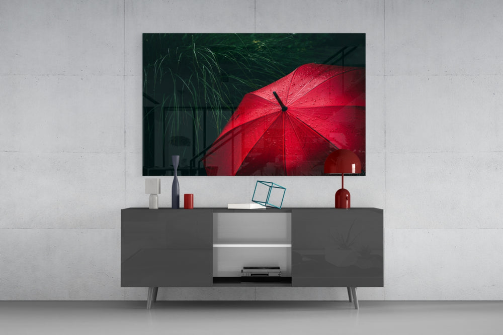 Red Umbrella panel catching soft light to reveal its delicate dewdrops