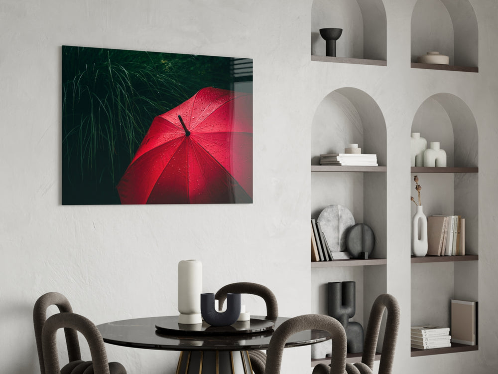 Red Umbrella panel adding feminine drama to a powder room