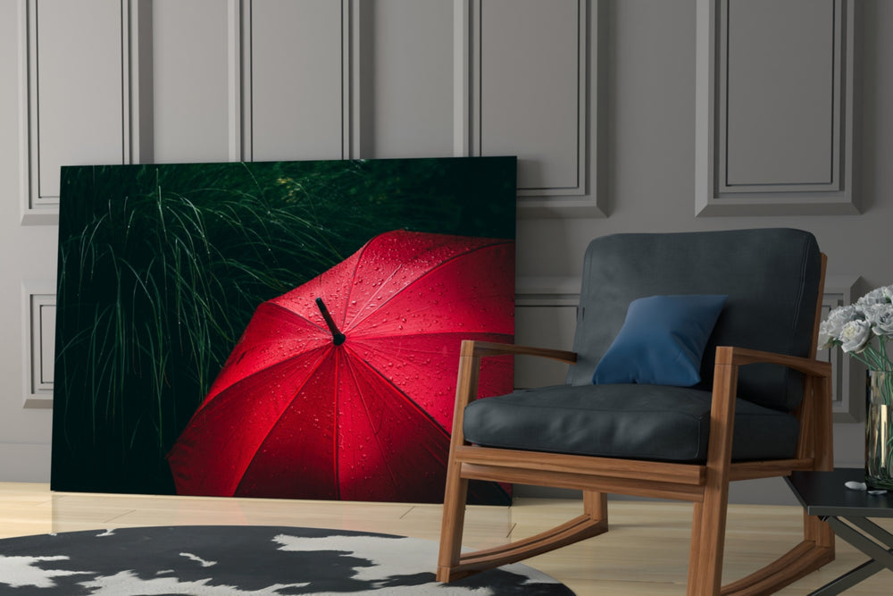 Red Umbrella glass print enhancing a bedroom with painterly pulse